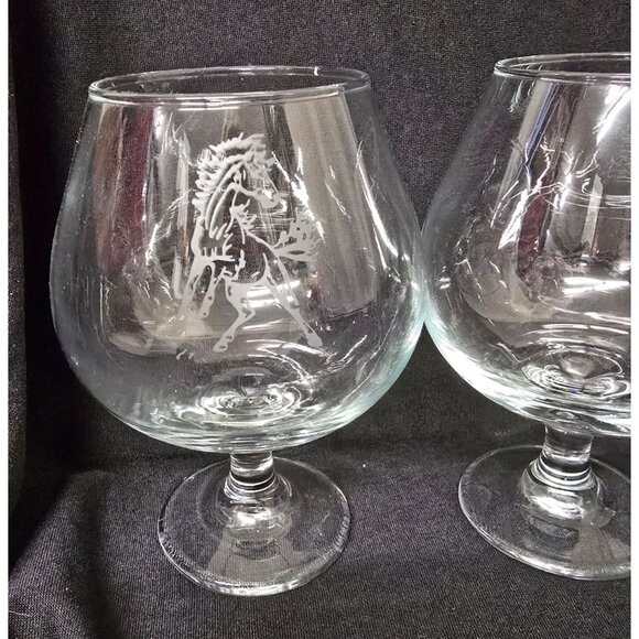 4 Etched 6" Glass Brandy Snifters Horse Deer & Floral Designs - Picture 2 of 5